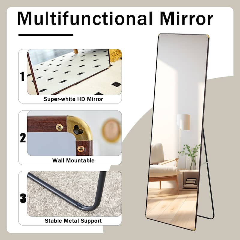 Roomfitters Floor Standing Full-Length Mirror with Walnut Frame, 65"x23.2" Wall Mounted Dressing Mirror for Bedroom