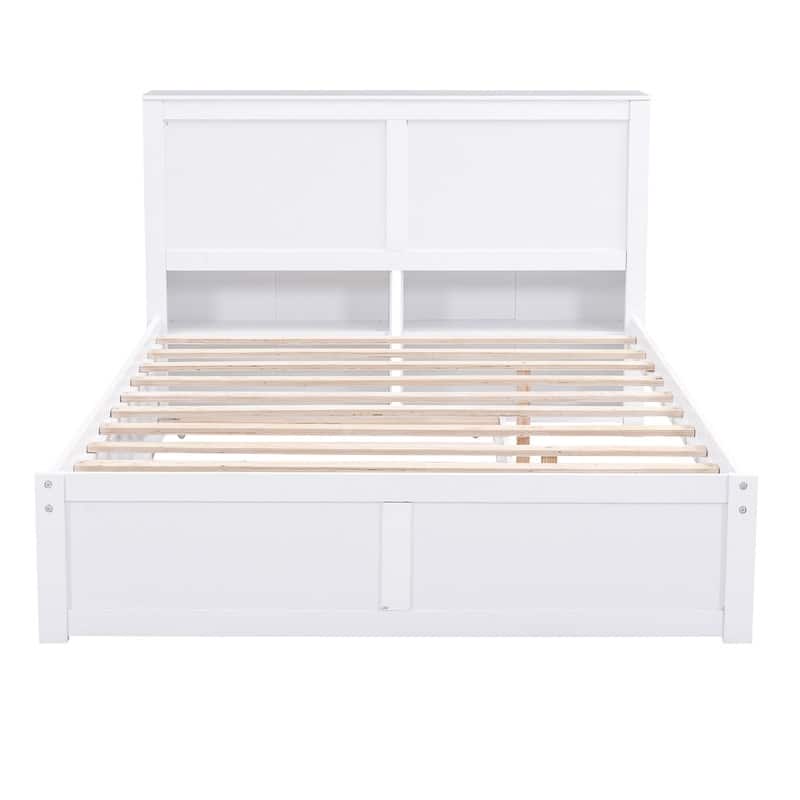 Wooden Storage Platform Bed with Bookcase Headboard, Full/Queen Bed Frame with Twin Size Trundle and Pull Out Shelves