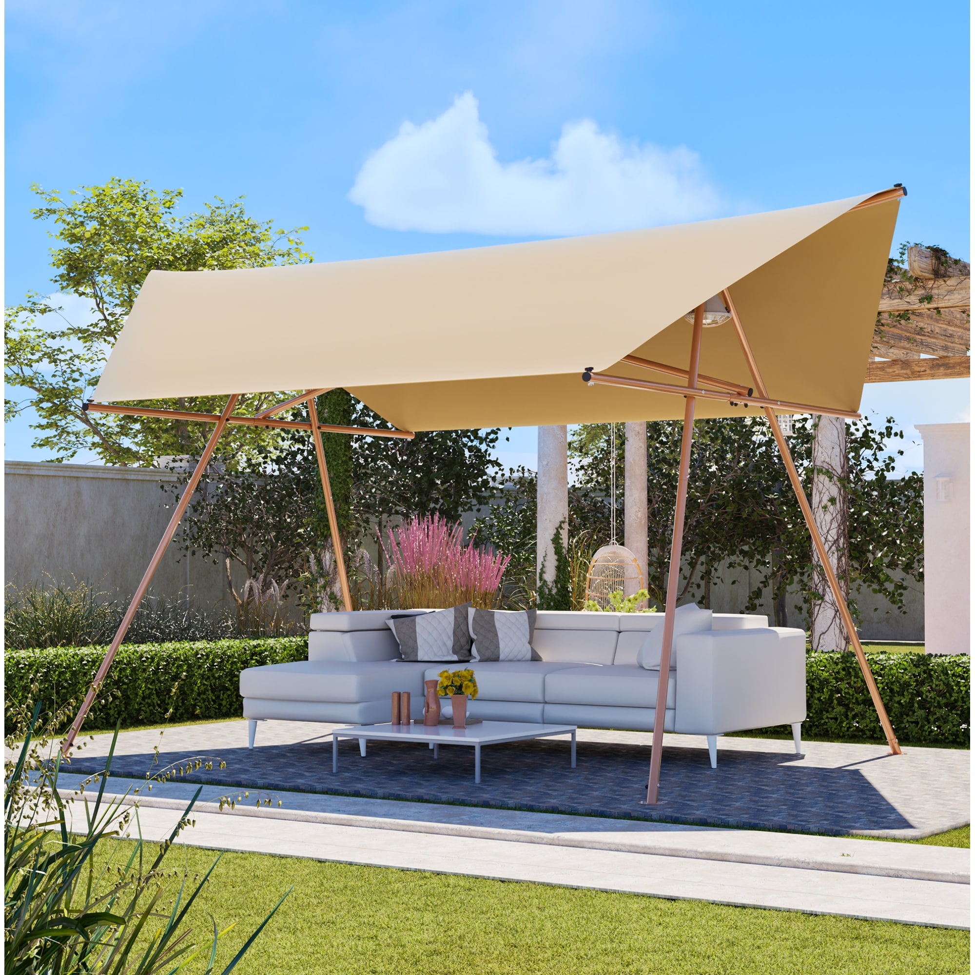 Roomfitters Hexagonal Shade Sail Canopy, Large Patio UV Block Sun Shade with Support Poles for Patio Backyard, Brown