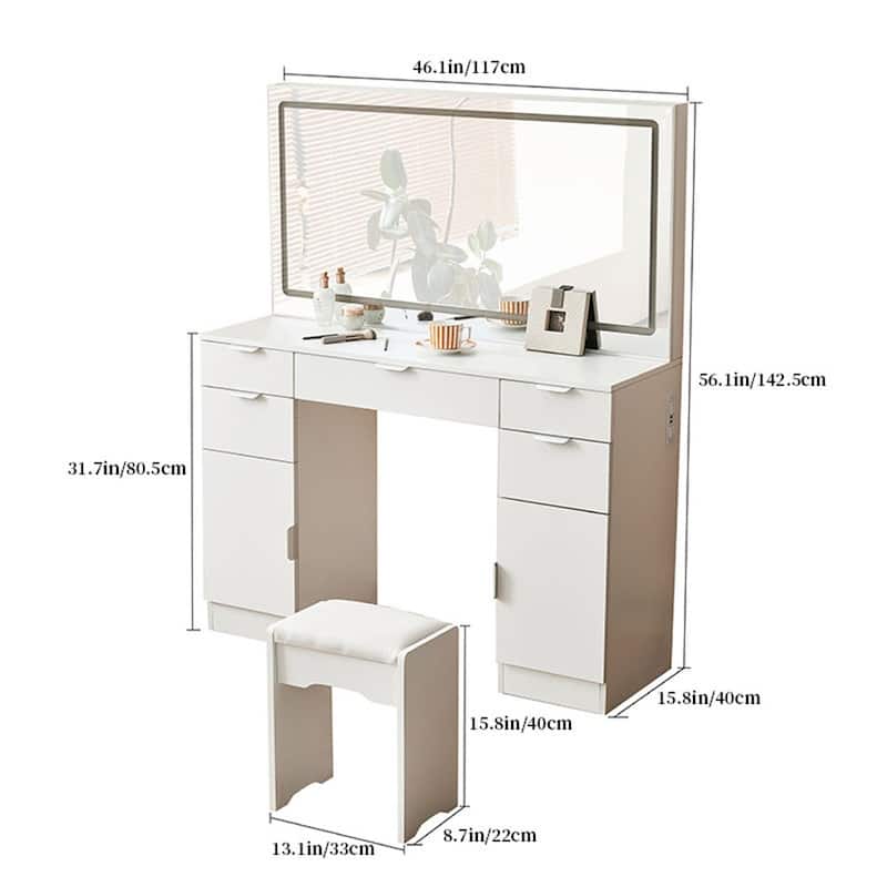 White Makeup Dressing Table with Adjustable Lighting LED Mirror and 5 Drawers for Bedroom - 15.8”D x 46.1"W x 56.1"H