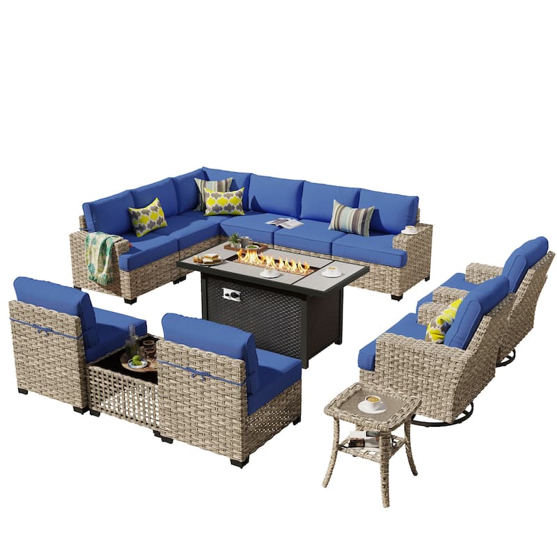 HOOOWOOO 13-piece Outdoor Wicker Furniture Swivel Chair Set with 54" Fire Pit Table