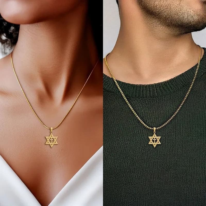 Curata 14k Yellow Gold 18" 22x16mm Messianic Textured Star of David With Cross Necklace