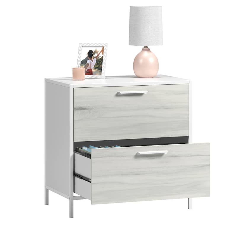 Wood Lateral File with Glass Shelves, Off White and Gray