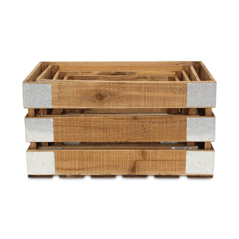 Brown Wood Crate with Metal Accent and Studs (Set of 4)