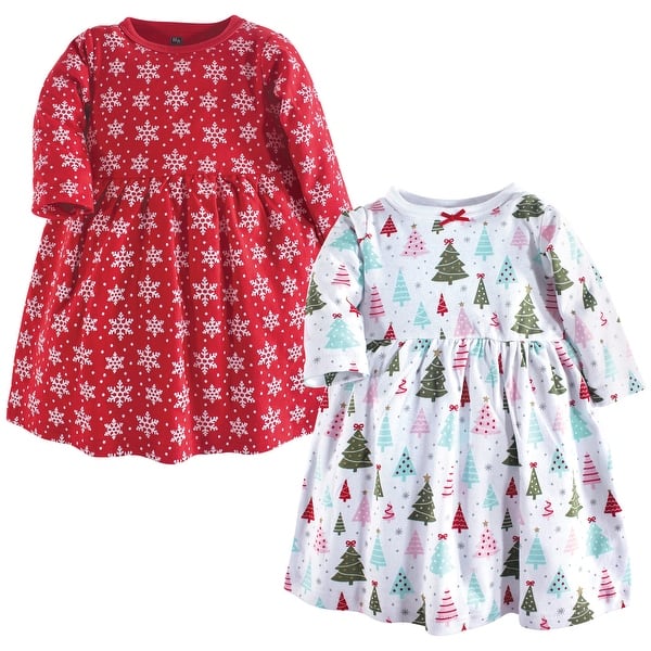 slide 1 of 1, Hudson Baby Infant and Baby Girl Long-Sleeve Cotton Dresses 2pk, Sparkle Trees 0-3 Months - Sparkle Trees