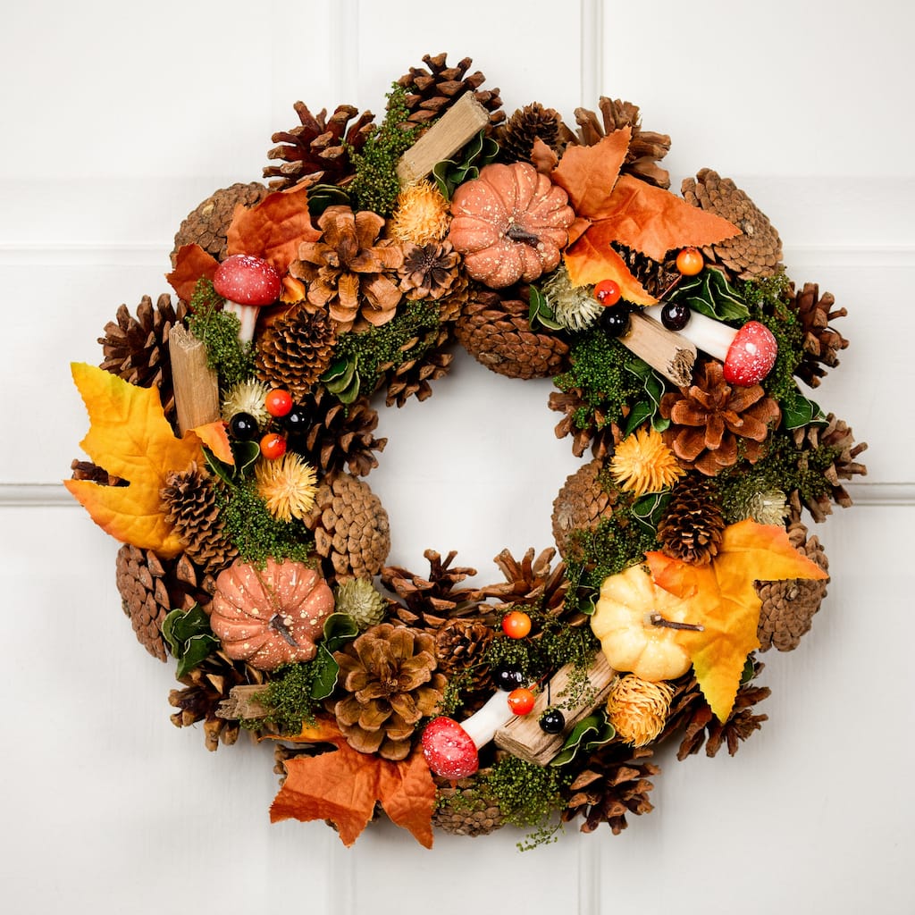 Pumpkins and Mushrooms Artificial Fall Harvest Wreath - 13" - Unlit
