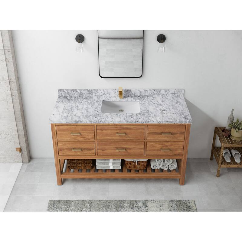 Willow Collections 60 in. W x 22 in. D Parker Solid Teak Single Sink Bathroom Vanity with Countertop - 2"Carrara Marble - Golden Teak