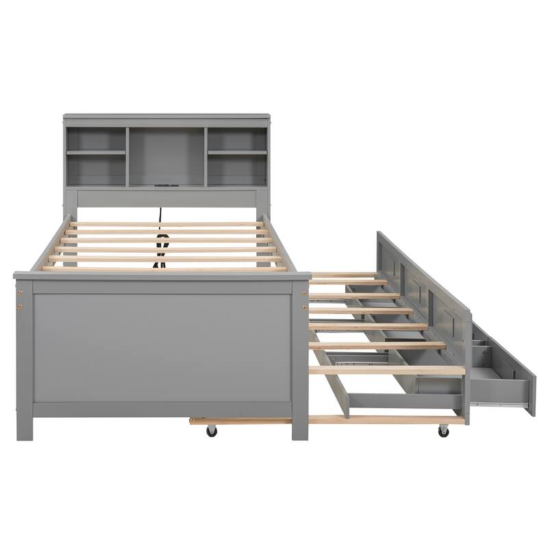 Platform Bed with Storage Headboard, USB, Twin Size Trundle and 3 Drawers