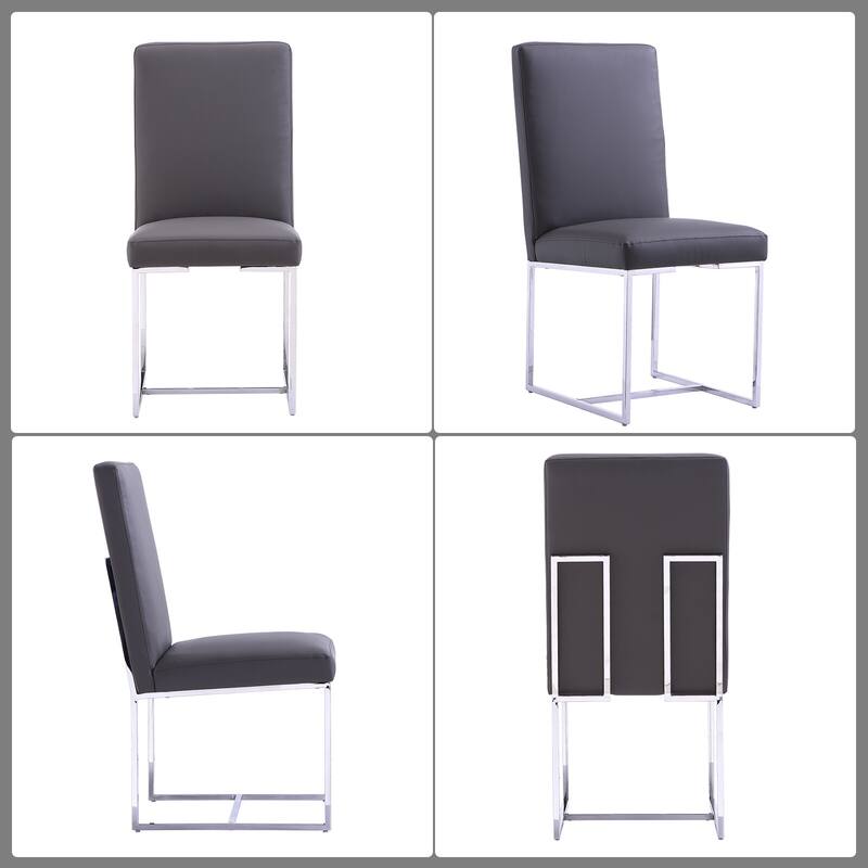 Dining Room Chairs in Grey PU Leather and Mirrored Silver Metal Legs