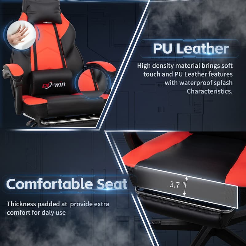 Futzca Gaming Chair PU Leather Office Chair with Headrest, Footrest & Massage Lumbar Support