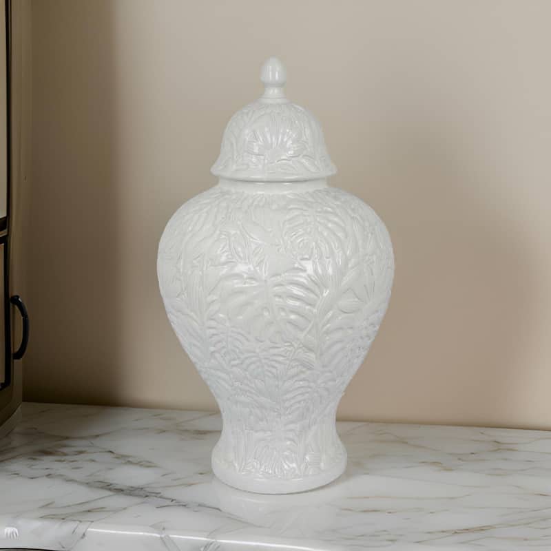 Deni 18 Inch Temple Jar, Embossed Design, Removable Lid, White Finish