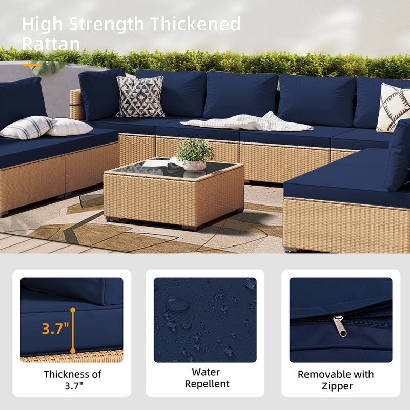 Patio Watcher Patio Conversation Set 9-Piece Yellow Wicker Sectional Seating Group with Cusions