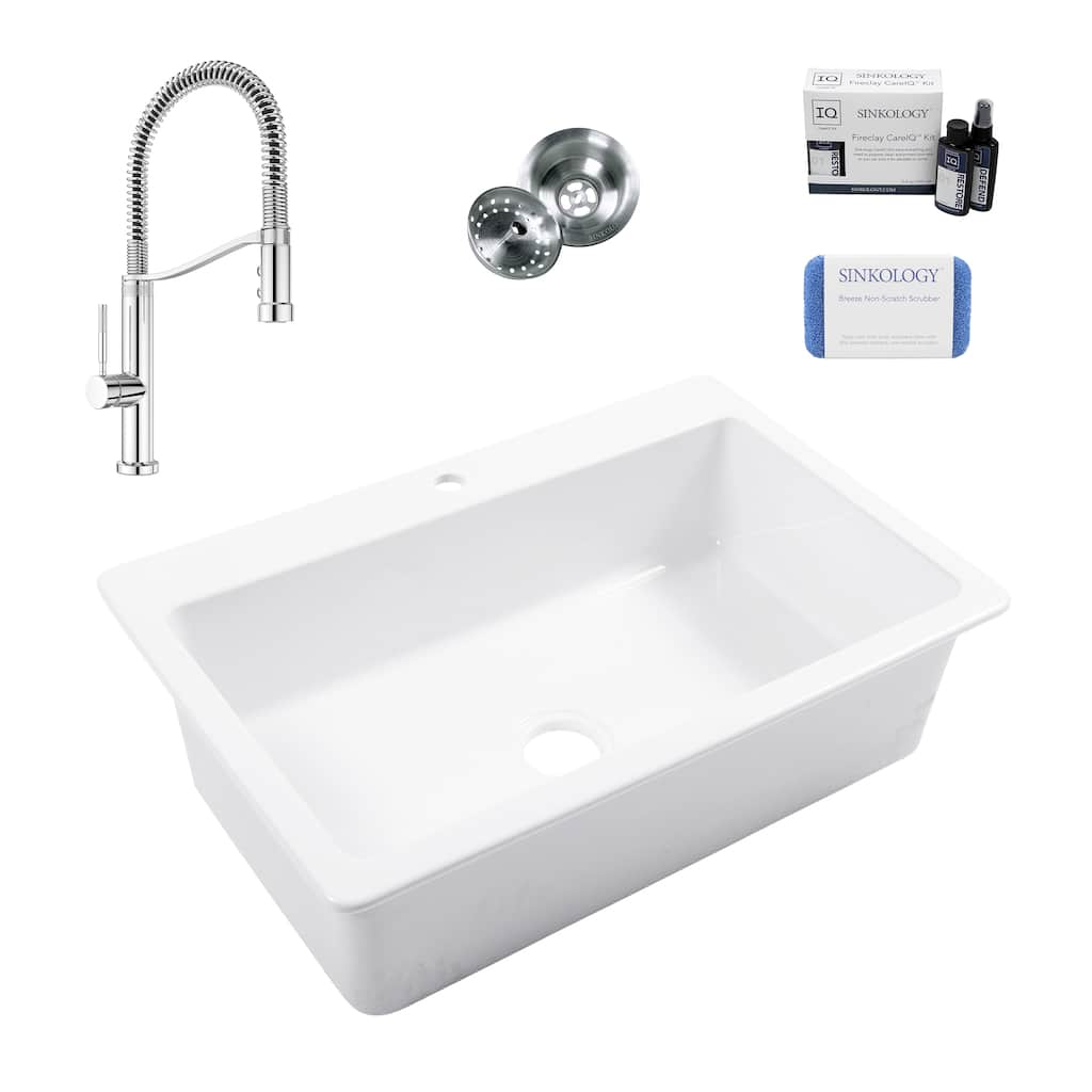 Jackson Crisp White Fireclay 33" Single Bowl Drop-In Kitchen Sink (1 Hole) with Bruton Chrome Faucet Kit