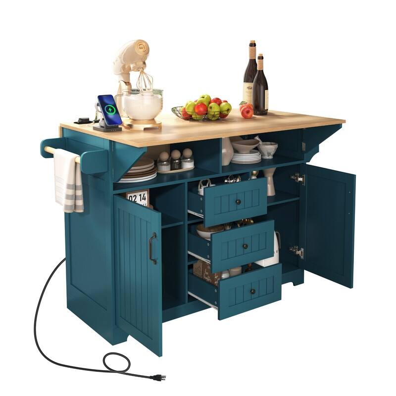 55.7" Rolling Kitchen Island with 2 Drop Leaf Power Outlet Spice Rack and 3 Drawers