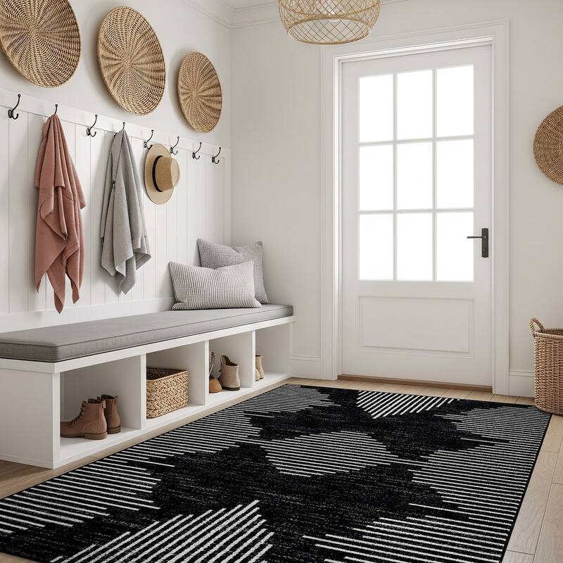 Modern Abstract Area Rug for Living Room, Bedroom, or Entryway - Low Pile Indoor Rug - Black - 4' x 6'