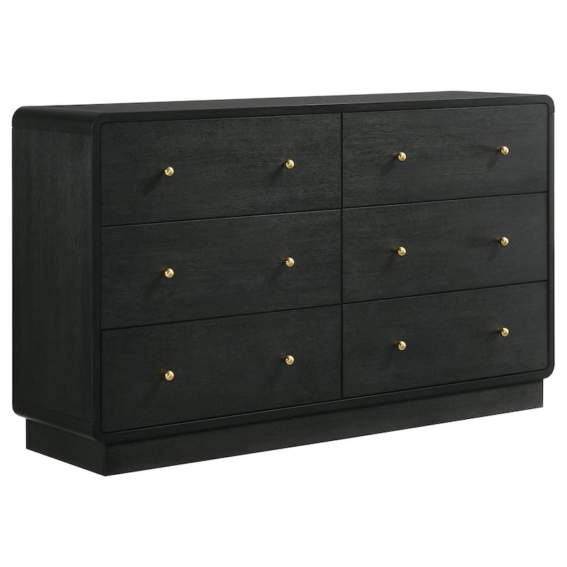 Cavy Wide Dresser, 6 Storage Drawers, Black Wood, Round Gold Knobs