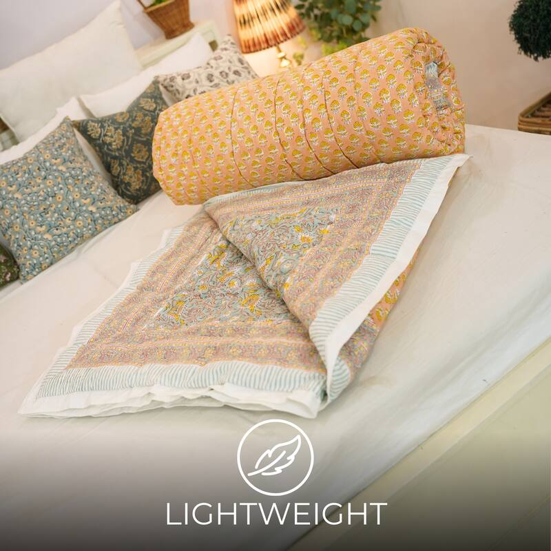 Fabdivine Handcrafted Cotton Quilt - Mustard Floral, Premium Cotton Reversible Traditional Hand Block Print Decorative Bedding