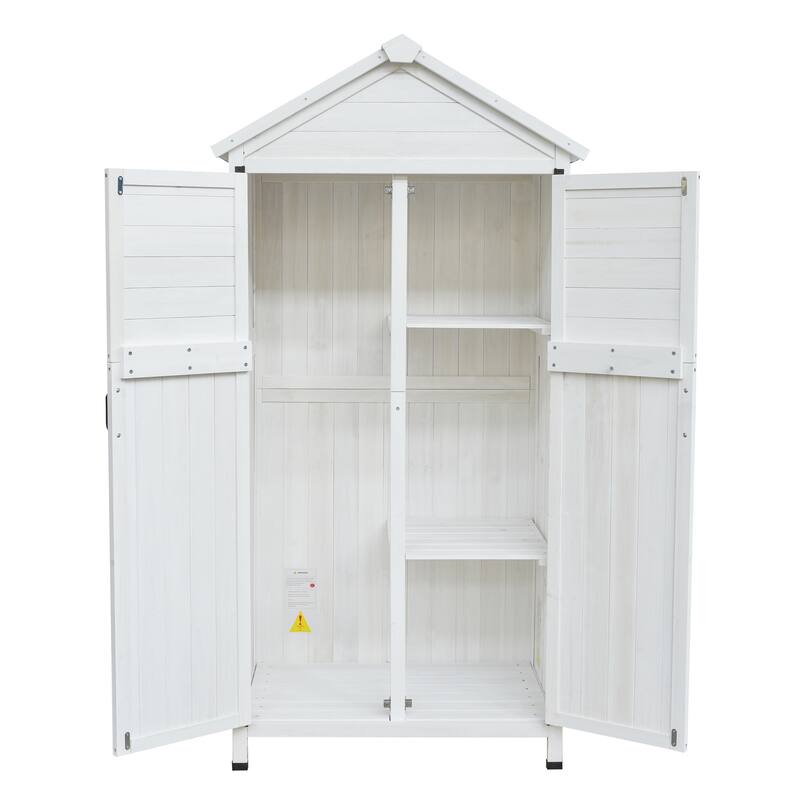 Roomfitters 67 Inch White Fir Wood Outdoor Storage Shed with Double Doors, Waterproof Roof