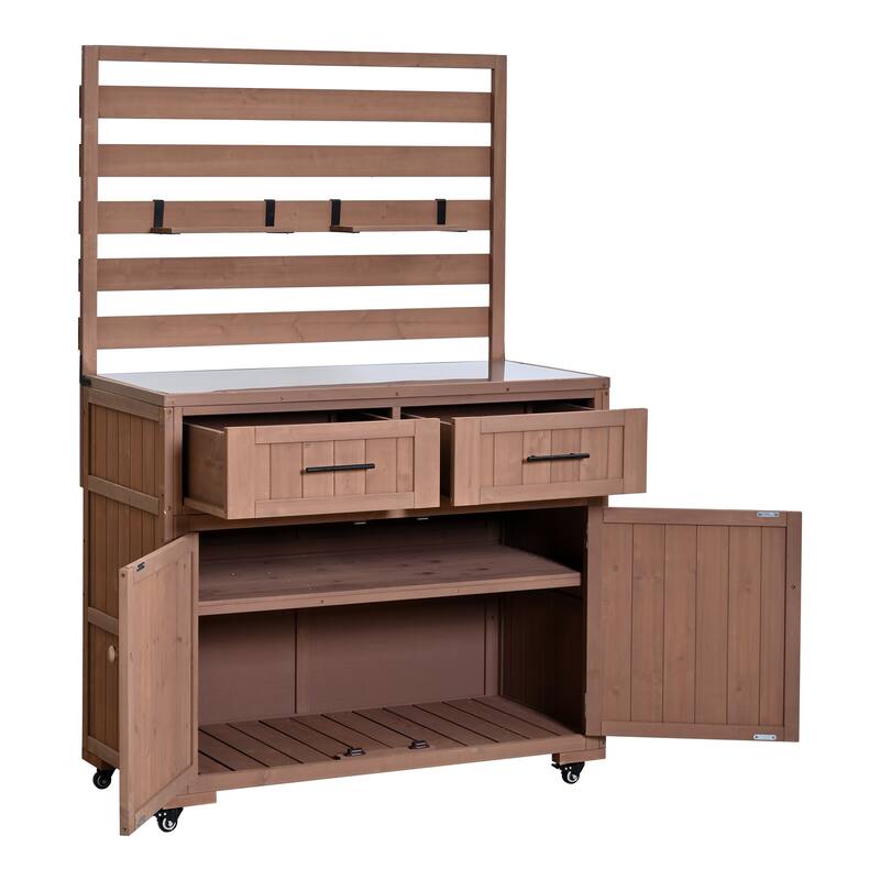 Solid Wood 64.9''Tall Outdoor Kitchen Island Kitchen Cart, Garden Potting Bench with Stainless Table Top for BBQ - Brown