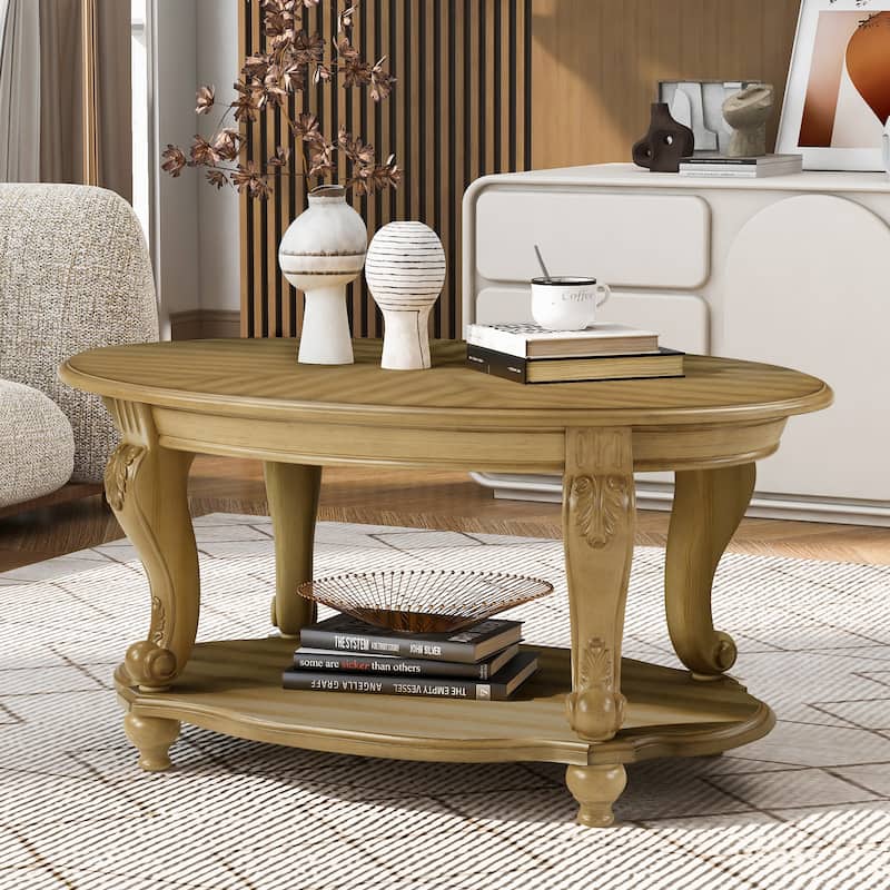 42" oval wood coffee table for Living Room, 2-Tier Solid Wood Cocktail Table with Open Storage Shelf, Antique Natural
