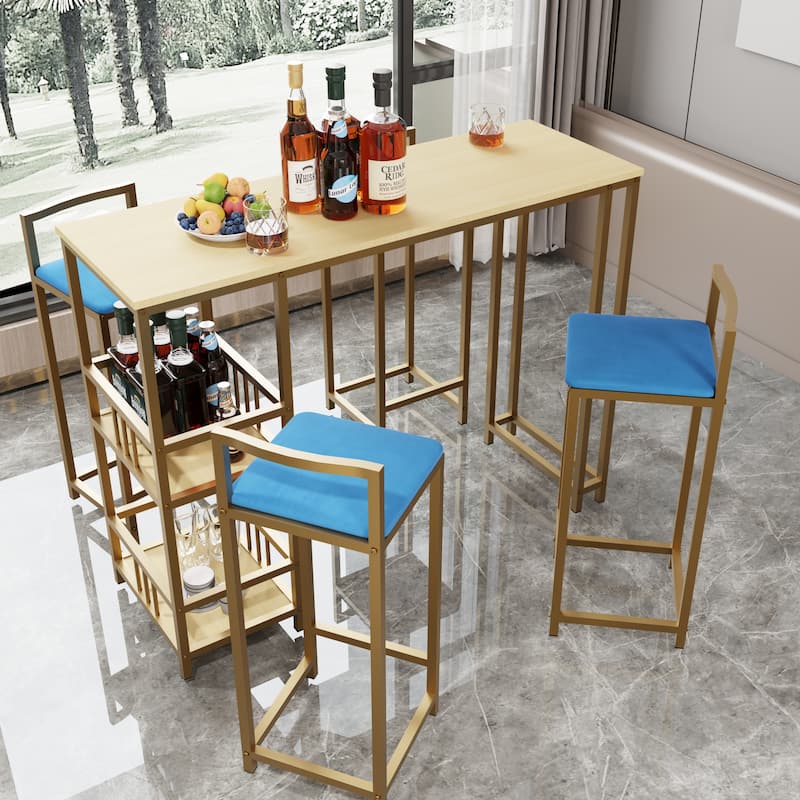 5 Piece Bar Table Set, Counter Height Kitchen Table Set, Metal Table and Chairs Set with 4 Upholstered Chairs & Storage Shelves