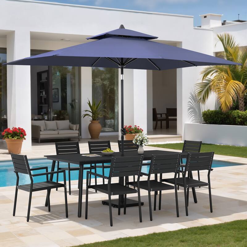 11PC Outdoor Patio Dining Set Wood-Like Aluminum Table with Stackable Armchairs,Double Top Market Umbrella and Wheel Base - BlackTable&BlackChairs&NavyBlueUmbrella