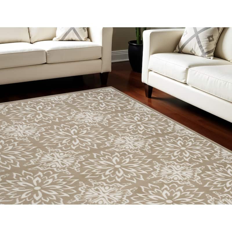 Power Loomed Floral Traditional Non Skid Stain Resistant Area Rug - 118' X '94' X '0.5 - 118' X '94' X '0.5 - Taupe - Rectangle