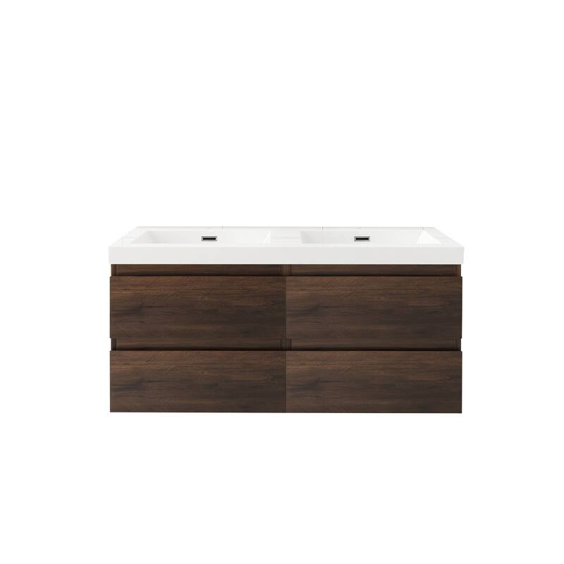 MDF Wall-Mounted Bathroom Vanity Set in Rose Wood with Integrated Culture Marble Sink