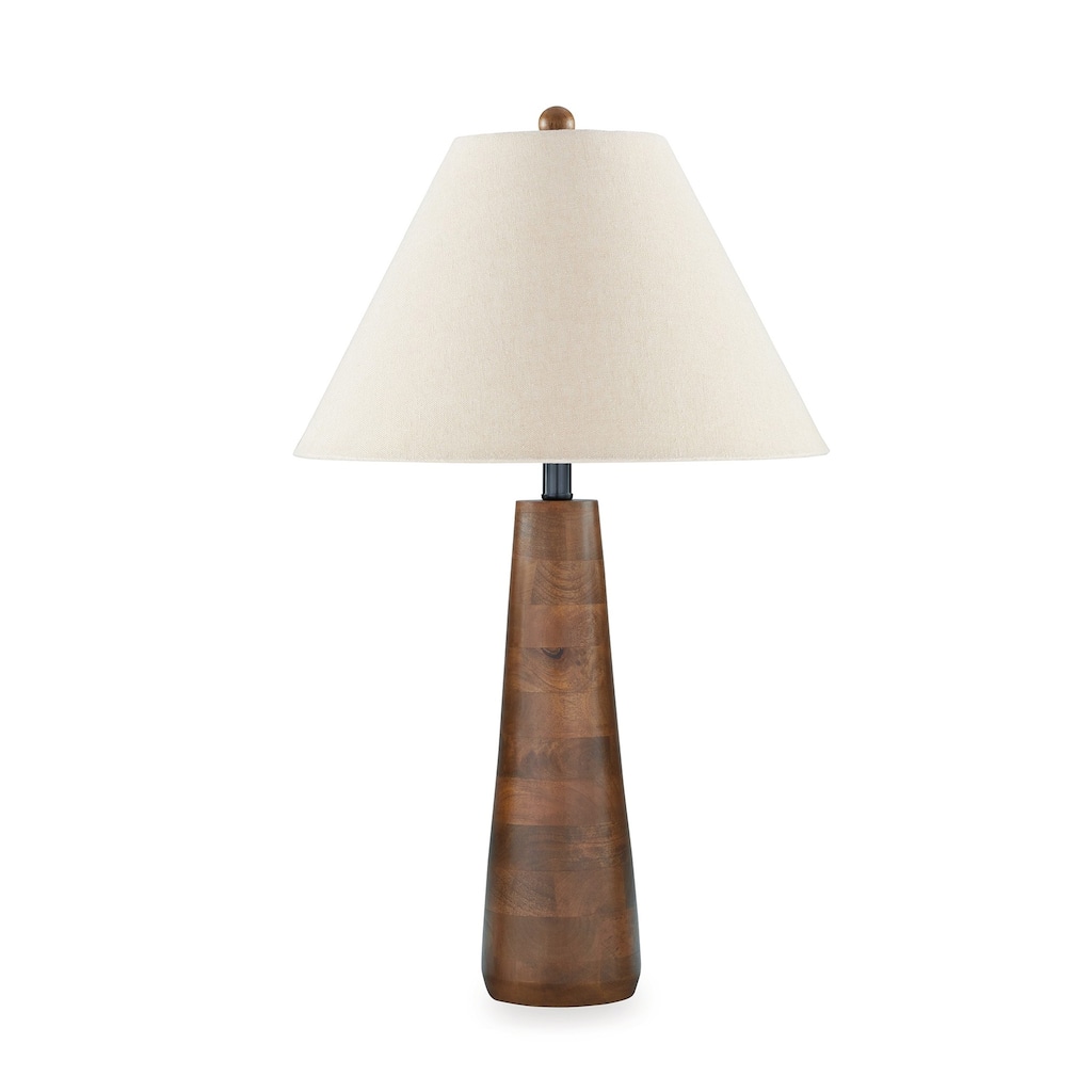 30 Inch Table Lamp, White Empire Fabric Shade, Tapered Brown Wood Frame