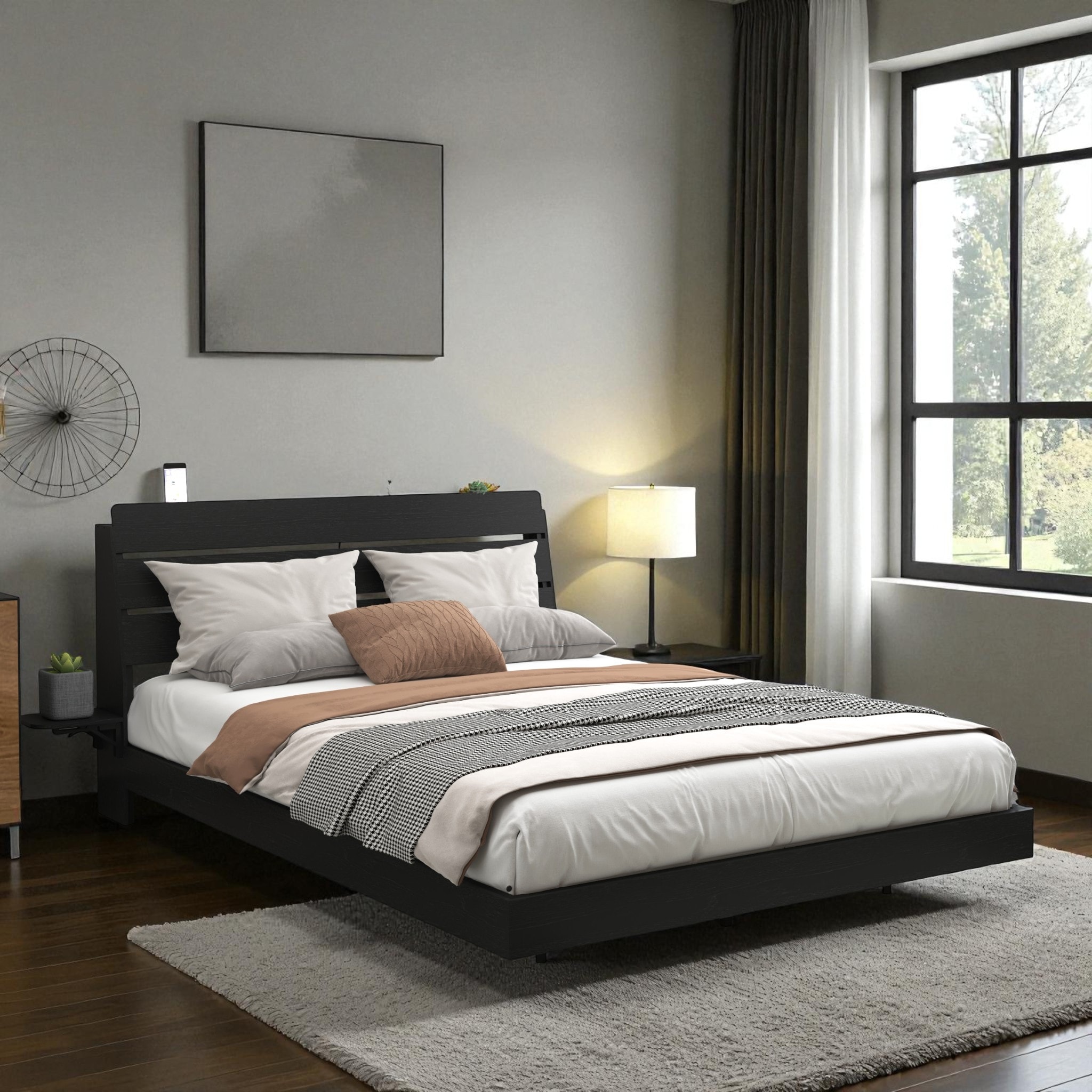 Queen Floating Bed Frame with LED Lights and Charging Station, Storage Headboard, No Box Spring Needed