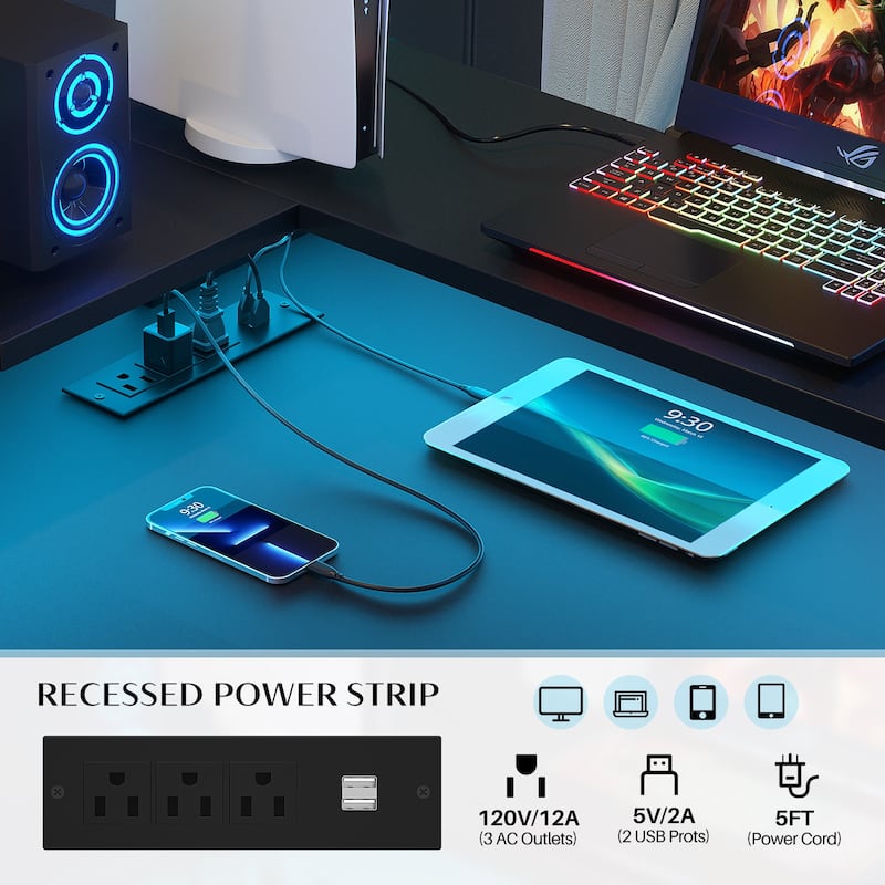 L Shaped Desk with File Drawer and Printer Stand, Reversible Corner Computer Desk with Power Outlet and LED Strip