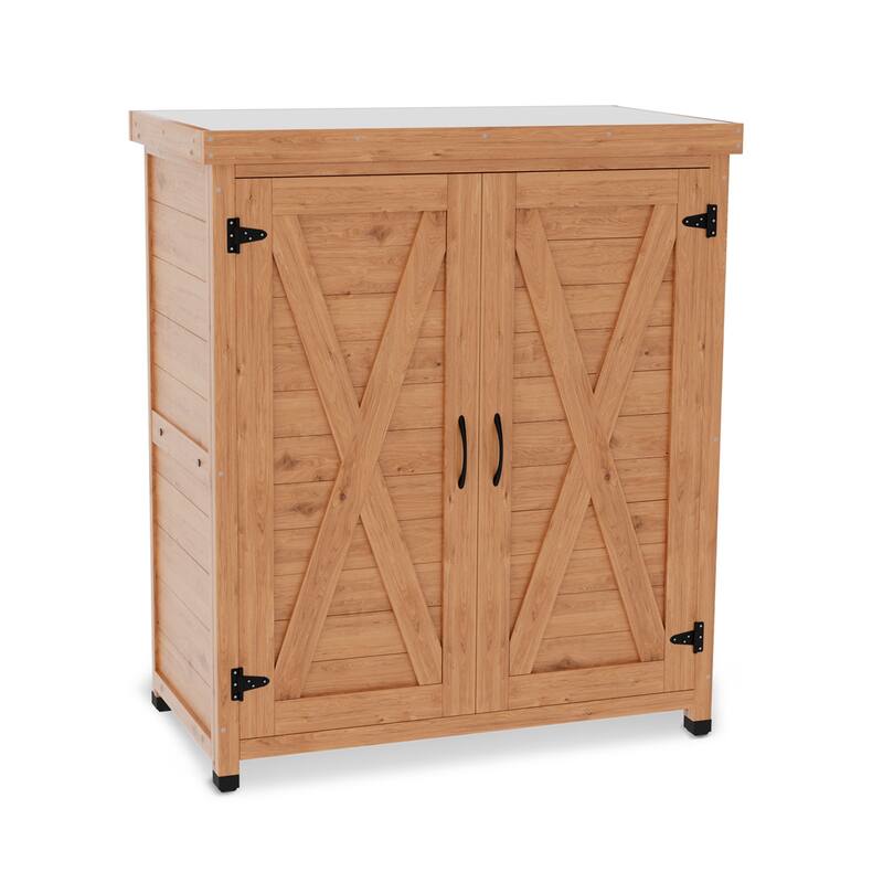 Wooden Patio Furniture with Metal-Tabletop, Potting Bench with Storage Cabinet, Outdoor Patio Storage Cabinet with Shelves