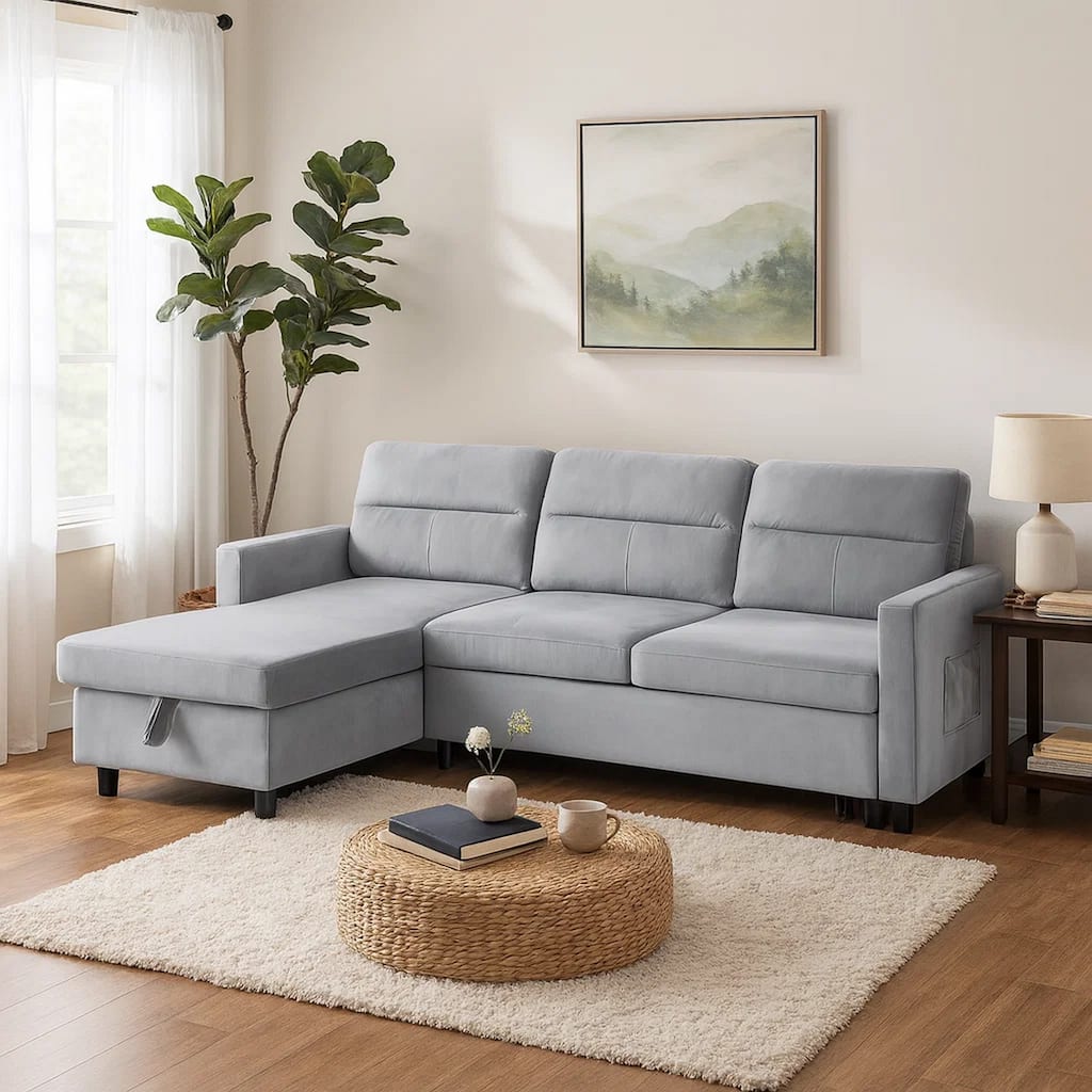 Ami 82 Inch Modern Reversible Sleeper Sofa with Chaise, Side Pocket, Gray