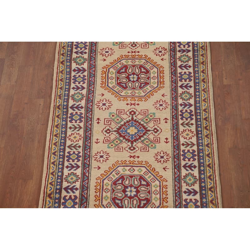 Geometric Kazak Runner Rug Hand-Knotted Yellow Wool Carpet - 2'10" x 13'0"