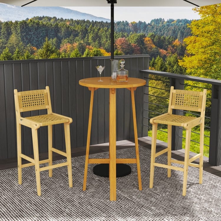 Natural Teak Wood Bar Stool with PE Rattan Seat and Backrest - 16" x 19.5" x 40"