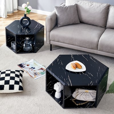 Hexagonal Coffee Table Set with Grid Storage & Minimalist Design