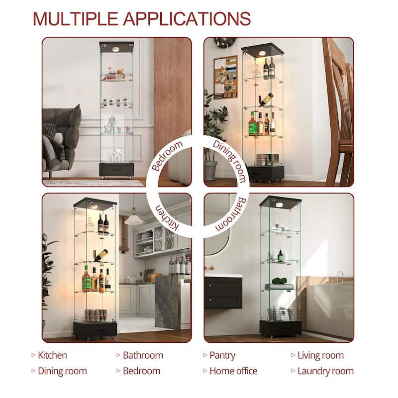 65.9" Modern Glass Display Cabinet with Drawer, LED Lights, Lockable Storage & 4 Tempered Glass Shelves