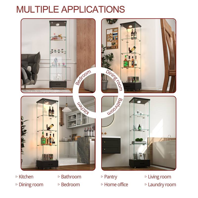 Glass Display Cabinet With Drawer,Cabinet With Led Lights,Tempered Glass Bookshelf, 1-Door Storage Case With 4 Shelves