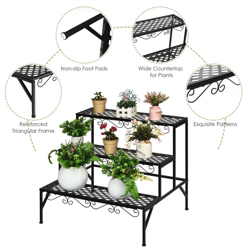 3 Tier Metal Plant Stand Ladder Design Indoor Outdoor Use - 27.5" x 24" x 24" (L x W x H)