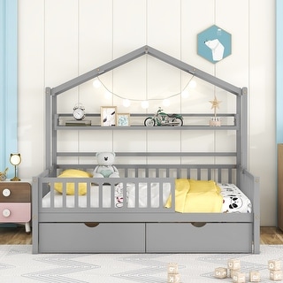Wooden Full House Bed w/Storage Shelf & 2 Drawers, Daybed Frame, Gray