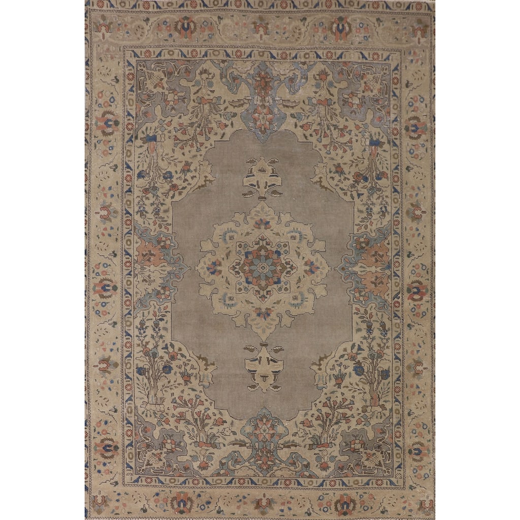 Tabriz Persian Vintage Rug Handmade Floral Beige Wool Carpet - 6'9"x 9'4"