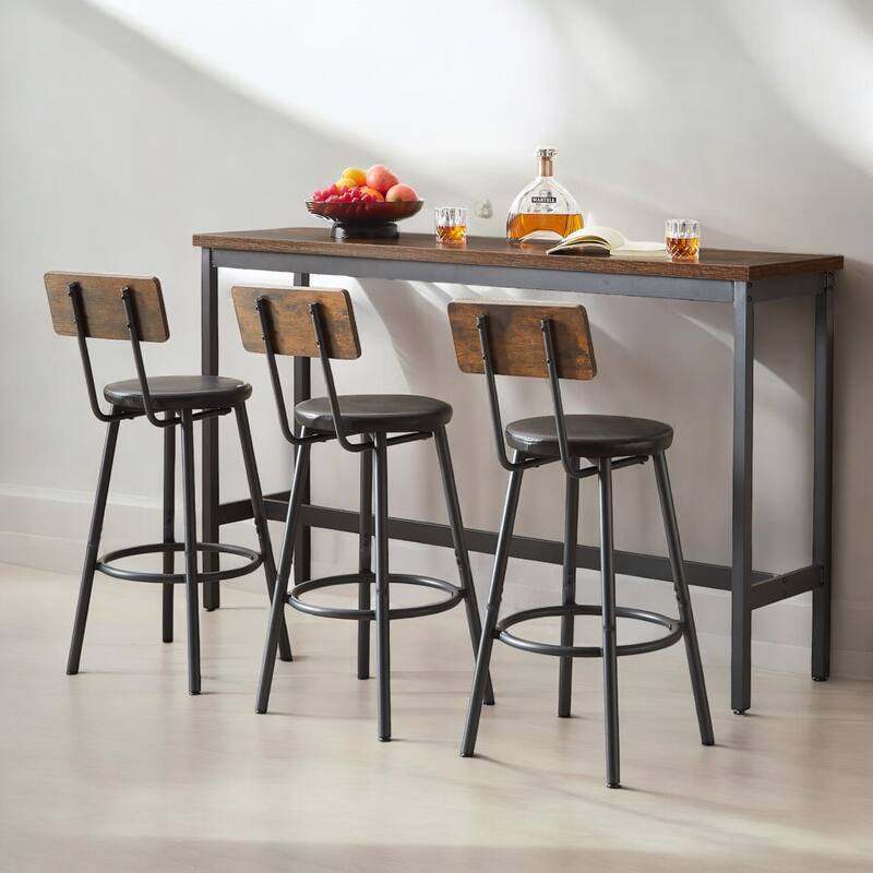 Industrial 63" Bar Table Set with 3 PU Upholstered Stools, Modern Breakfast Table for Kitchen, Living Room, or Banquet Hall - Rustic Brown