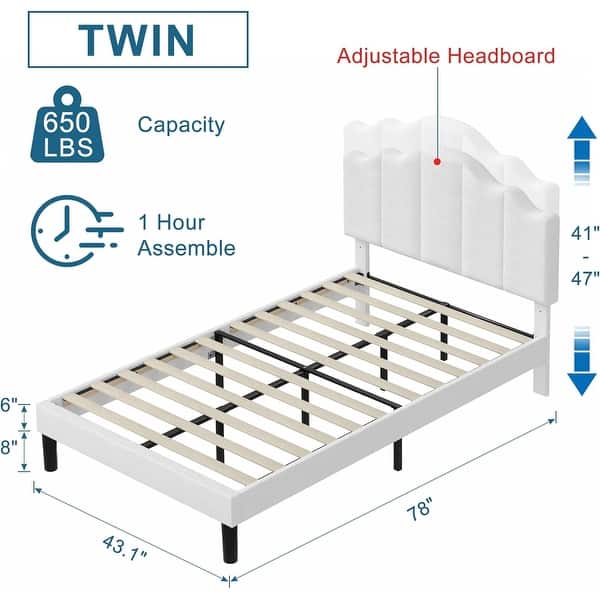 dimension image slide 0 of 4, VECELO Modern Upholstered Platform Kids Bed with Adjustable Headboard,Twin Size Bed Set of 2