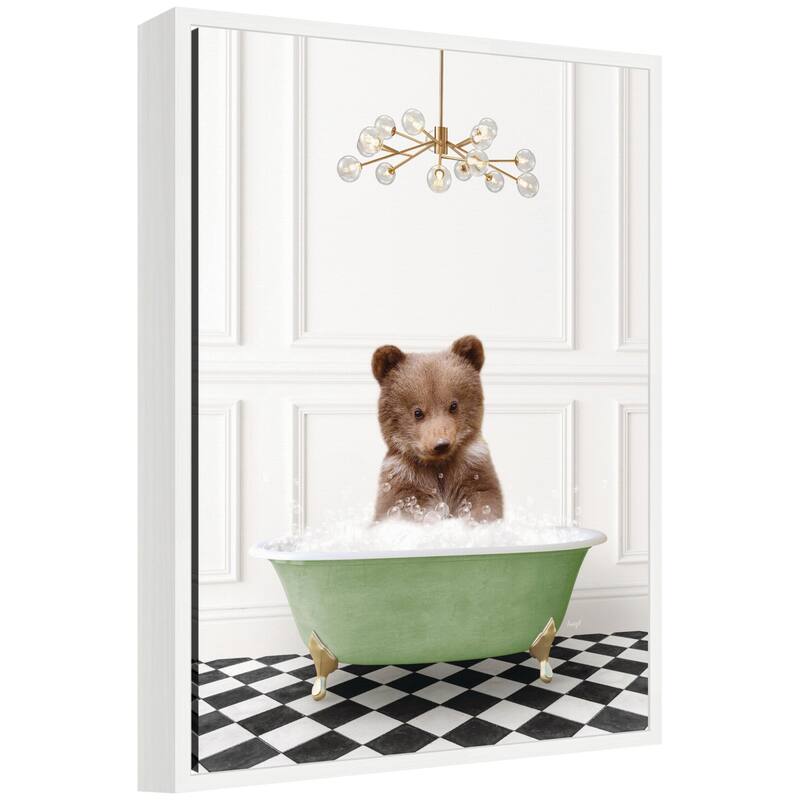 Kate and Laurel Sylvie Bear Cub in Green Bathtub Checker Floor Framed Canvas by Amy Peterson - White
