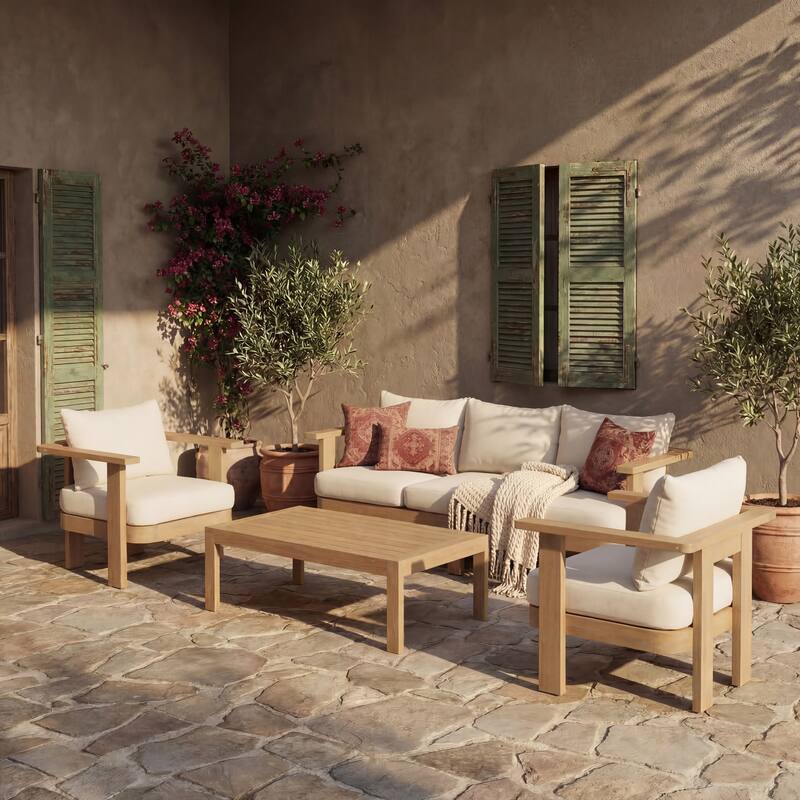 Christopher Knight Home - Elma Outdoor Acacia Wood Patio Conversation Set with Slatted Coffee Table & Cushions