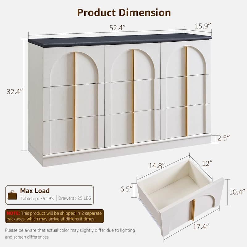 Modern Arched 9 Drawers Dresser, Wood Chest of Drawers for Living Room