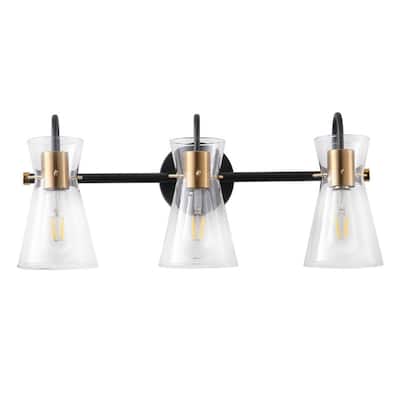 3-Light Modern Black and Gold Vanity Light with Clear Glass Shades, Bathroom or Makeup Mirror Wall Sconce