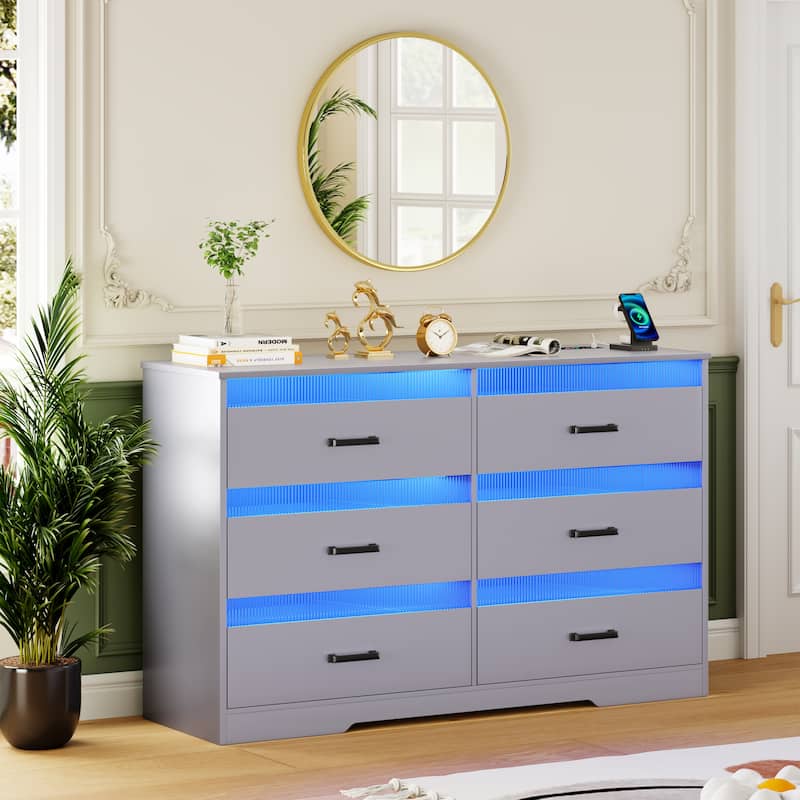 6 Drawers Dresser With LED Light and USB Port