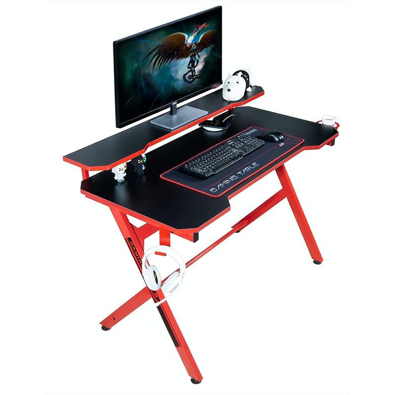JJS 48" Home Office R-Shaped Gaming Computer Desk with Removable Monitor Stand - Red