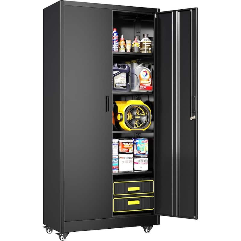 73" Rolling Garage Storage Cabinet with Locking Doors and Adjustable Shelves for Garage, Home Office, School